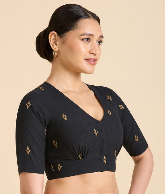 Women's Black Pure Cotton Handloom Ikat Front Open Readymade Saree Blouse (Design 2937)
