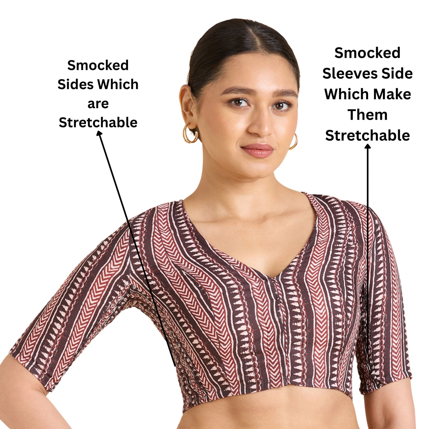 Women's Brown Cotton Traditional Block Printed Side Stretch (Smocked) Saree Blouse (Design 2940)
