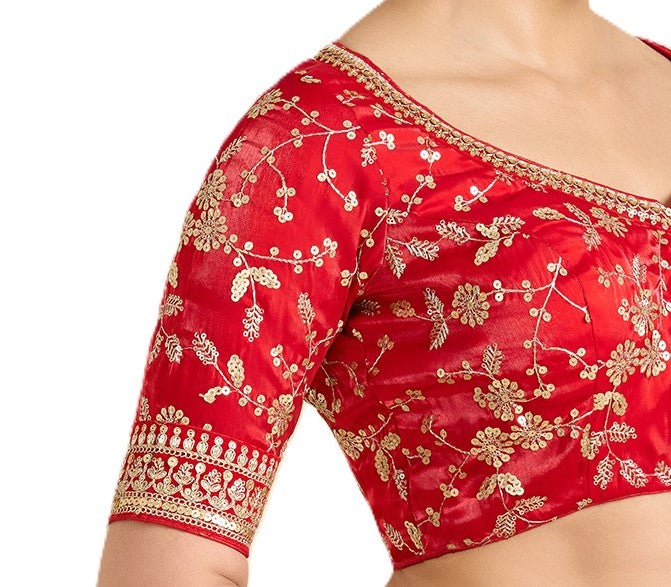 Women's Red Viscose Satin Organza Embroidered Saree Blouse (Design 2942)