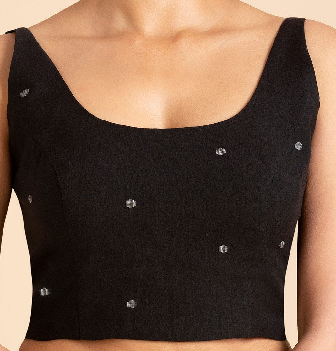 Women's Black Pure Cotton Handloom Sleeveless Readymade Saree Blouse (Design 2944)