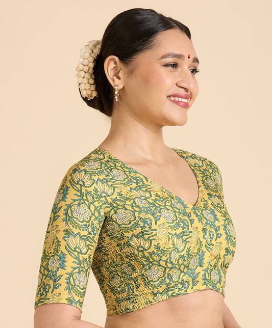 Women's Yellow Cotton Printed Side Stretch (Smocked) Readymade Saree Blouse (Design 2945)