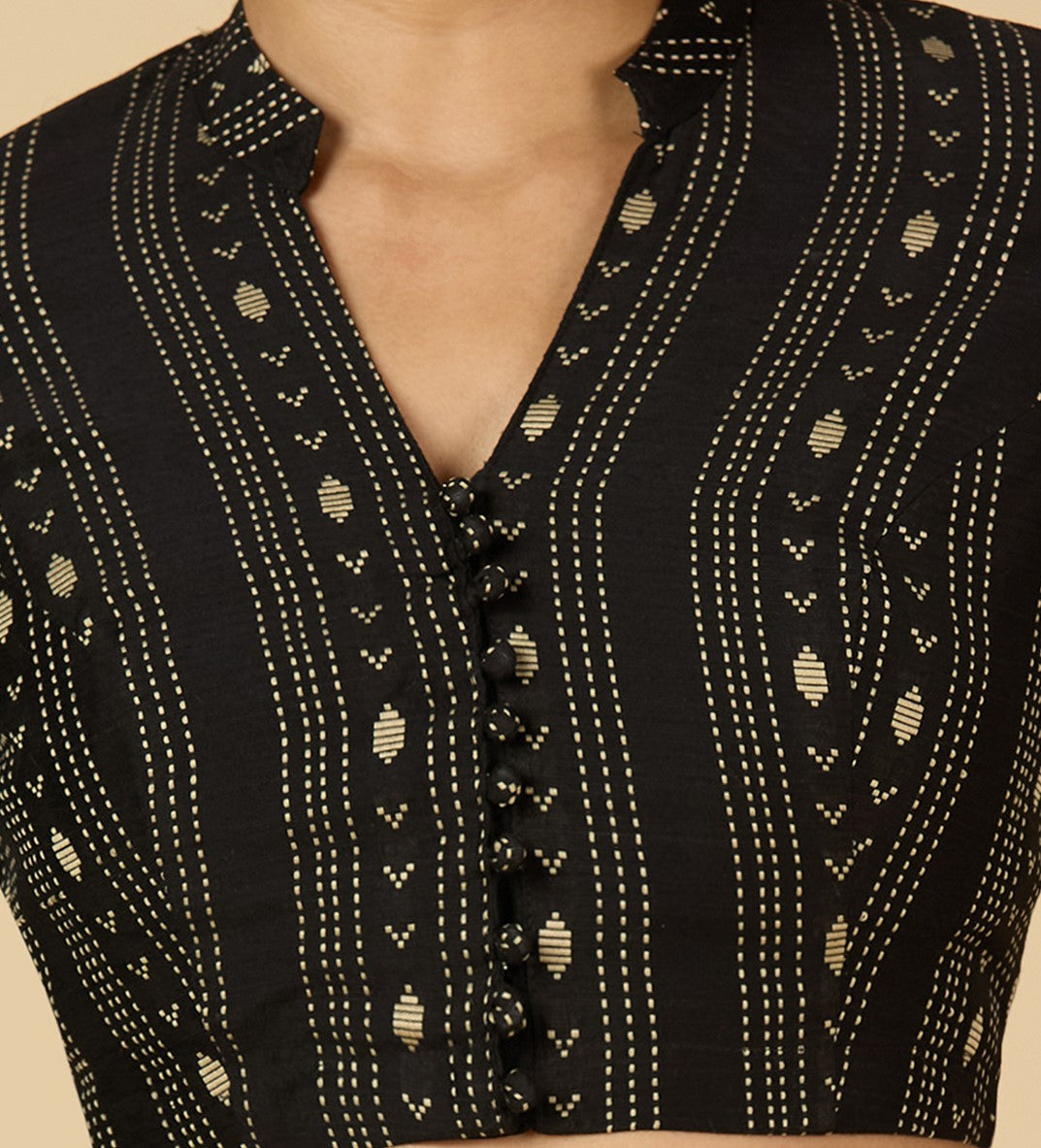 Women's Black Cotton Silk Blended Readymade Saree Blouse with Collar (Design 2952)