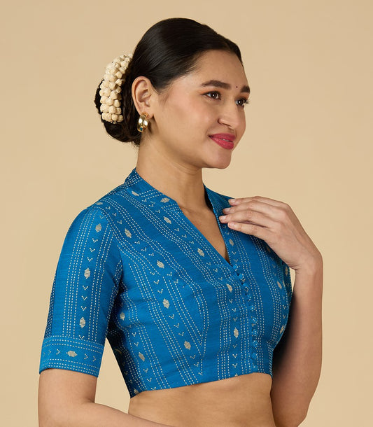 Women's Firozi Cotton Silk Blended Readymade Saree Blouse with Collar (Design 2952)