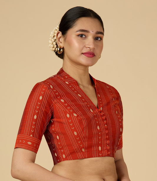 Women's Rust Cotton Silk Blended Readymade Saree Blouse with Collar (Design 2952)
