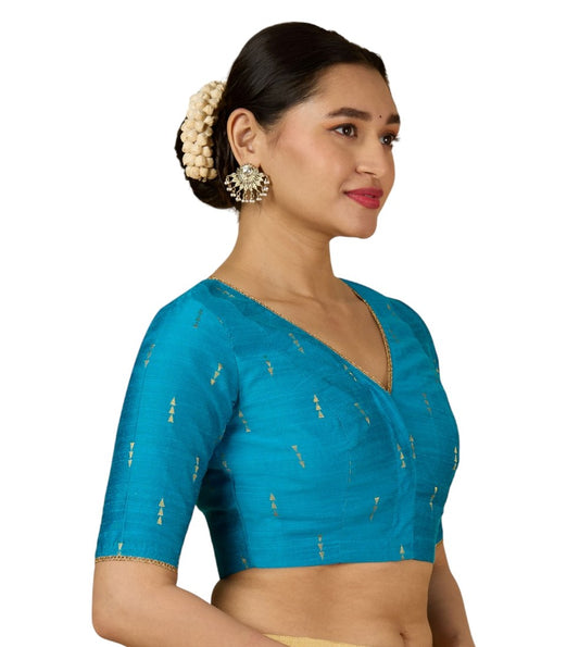 Women's Firozi Handloom Cotton Silk V-Neck Readymade Saree Blouse (Design 2955)