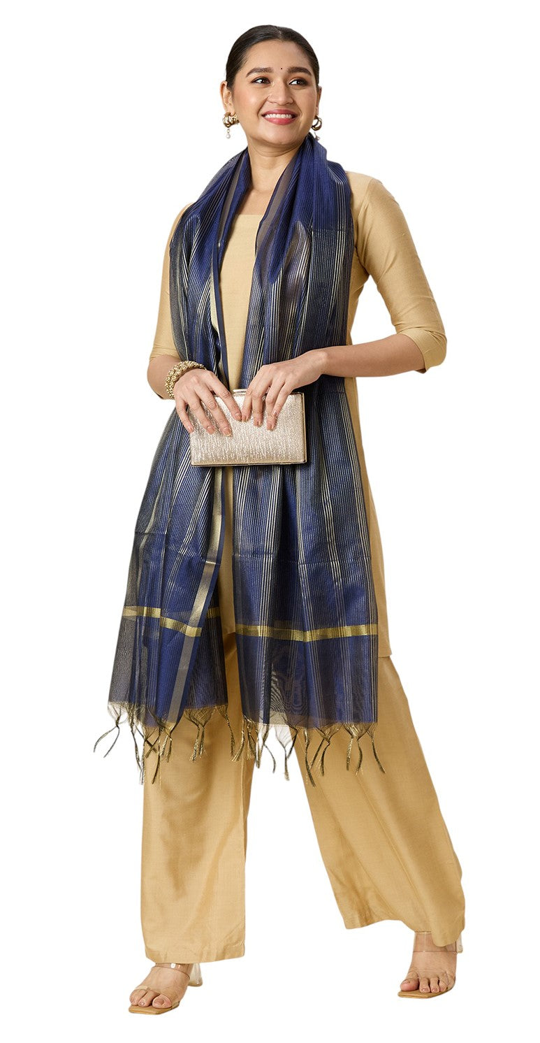 Women's Chanderi Silk Blend Handloom Dupatta with Golden Stripes (35" X 2.45 Meters) (2963 - Navy Blue)