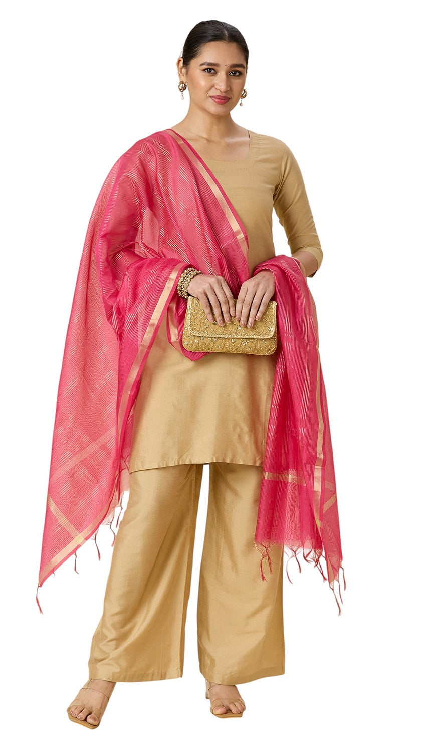 Women's Chanderi Silk Blend Handloom Dupatta with Golden Stripes (35" X 2.45 Meters) (2963 - Pink)