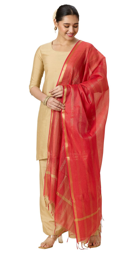 Women's Chanderi Silk Blend Handloom Dupatta with Golden Stripes (35" X 2.45 Meters) (2963 - Red)