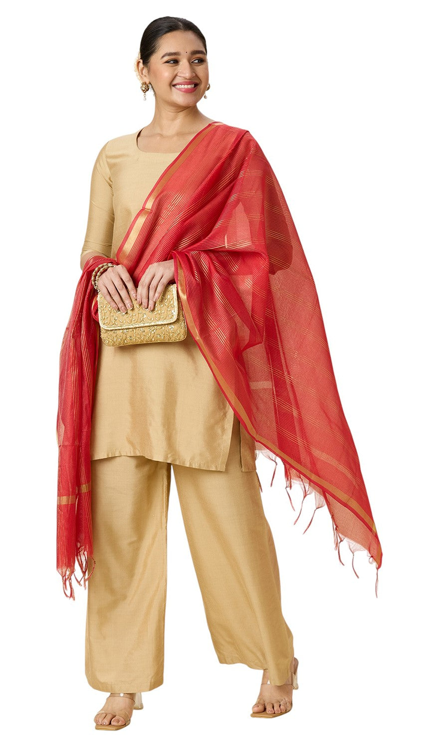 Women's Chanderi Silk Blend Handloom Dupatta with Golden Stripes (35" X 2.45 Meters) (2963 - Red)
