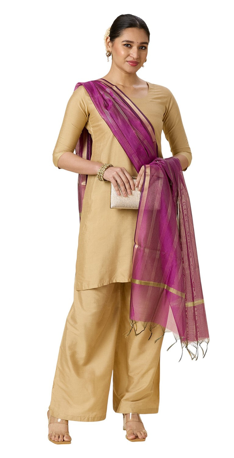 Women's Chanderi Silk Blend Handloom Dupatta with Golden Stripes (35" X 2.45 Meters) (2963 - Wine)