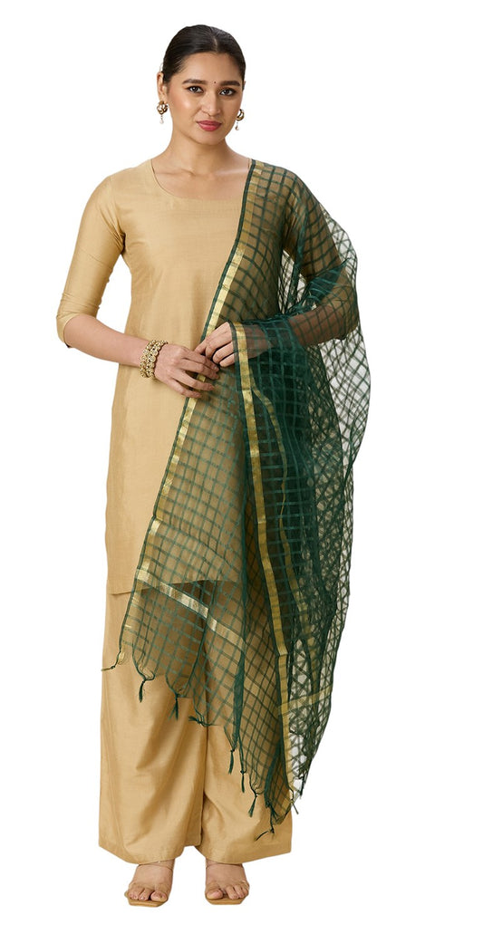 Women's Chanderi Silk Blend Handloom Checks Dupatta (32" X 2.35 Meters) (2964 - Green)