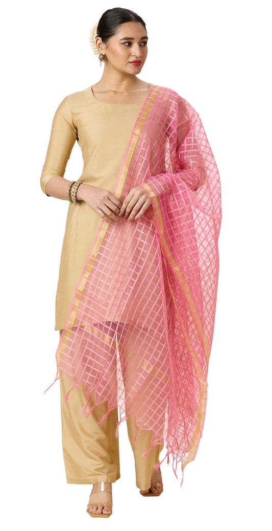 Women's Chanderi Silk Blend Handloom Checks Dupatta (32" X 2.35 Meters) (2964 - Light Pink)