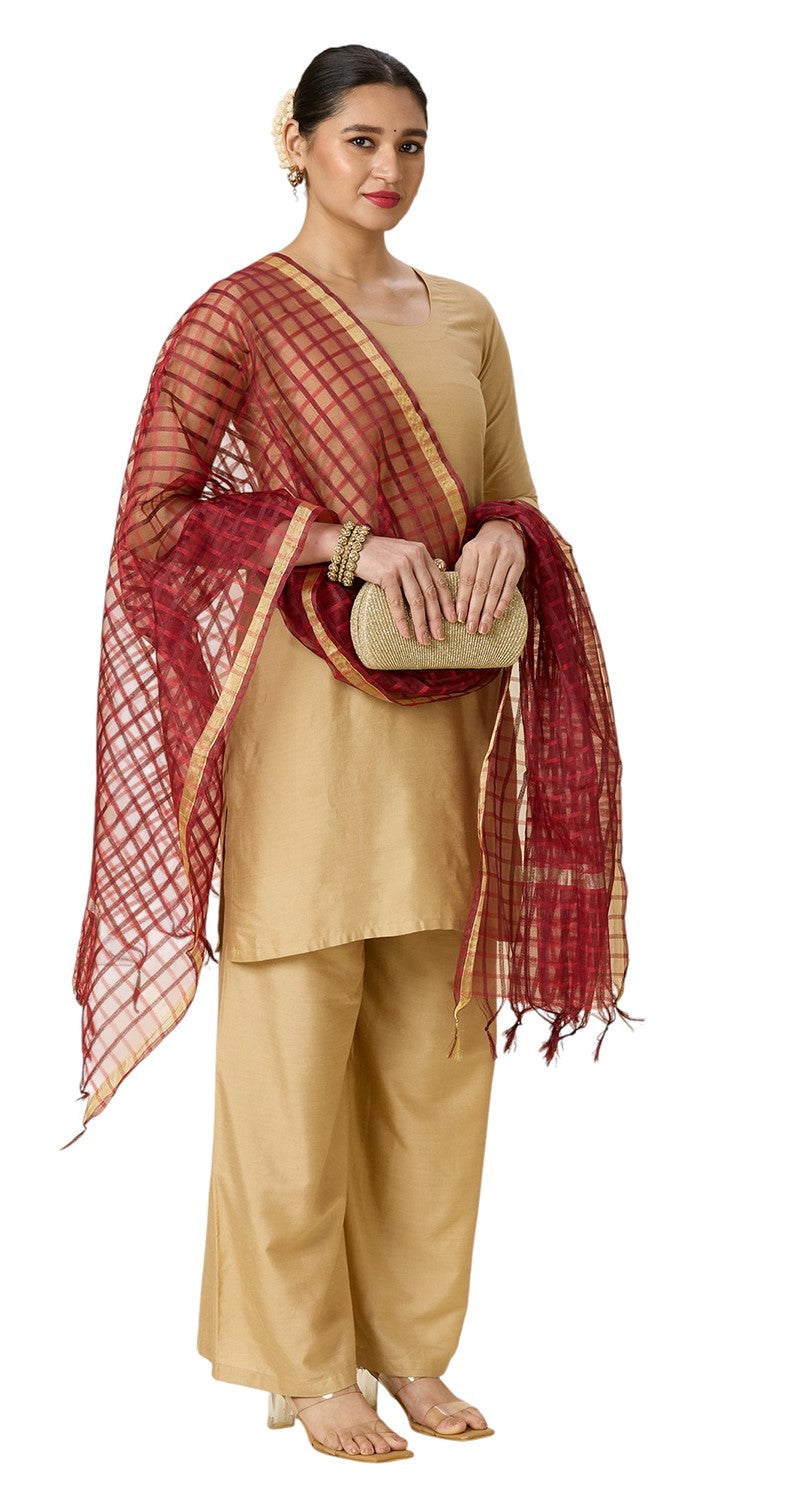 Women's Chanderi Silk Blend Handloom Checks Dupatta (32" X 2.35 Meters) (2964 - Maroon)