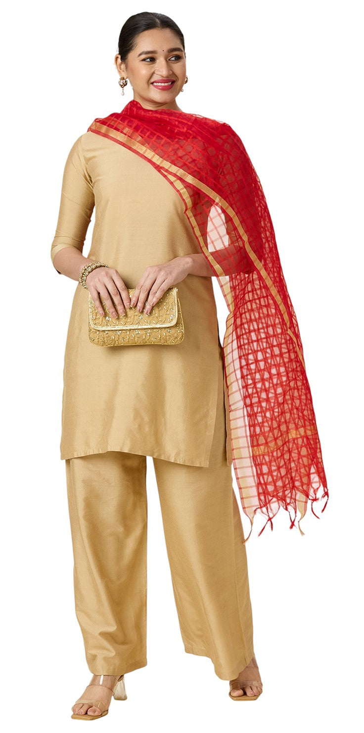 Women's Chanderi Silk Blend Handloom Checks Dupatta (32" X 2.35 Meters) (2964 - Red)