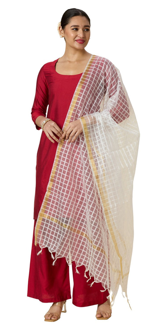 Women's Chanderi Silk Blend Handloom Checks Dupatta (32" X 2.35 Meters) (2964 - White)