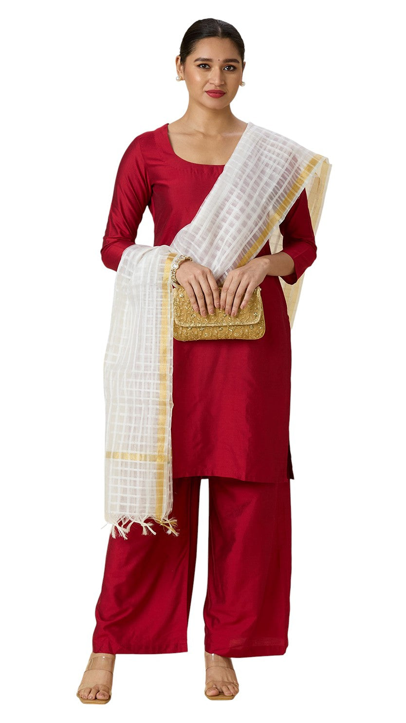 Women's Chanderi Silk Blend Handloom Checks Dupatta (32" X 2.35 Meters) (2964 - White)