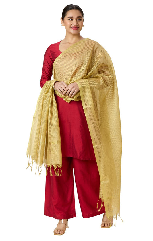 Women's Golden Checks Dupatta (35" X 2.45 Meters) (2966 - Gold)