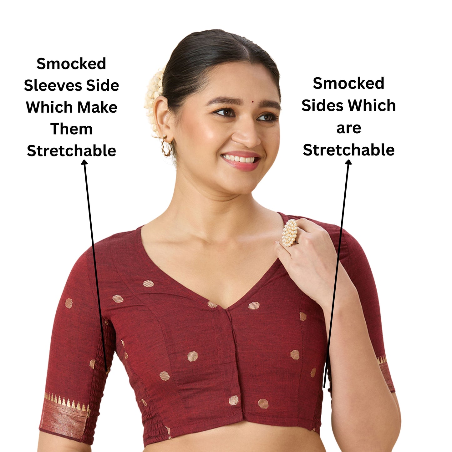 Women's Maroon Handloom Cotton Stretchable (Smocked) Readymade Saree Blouse (Design 2967)