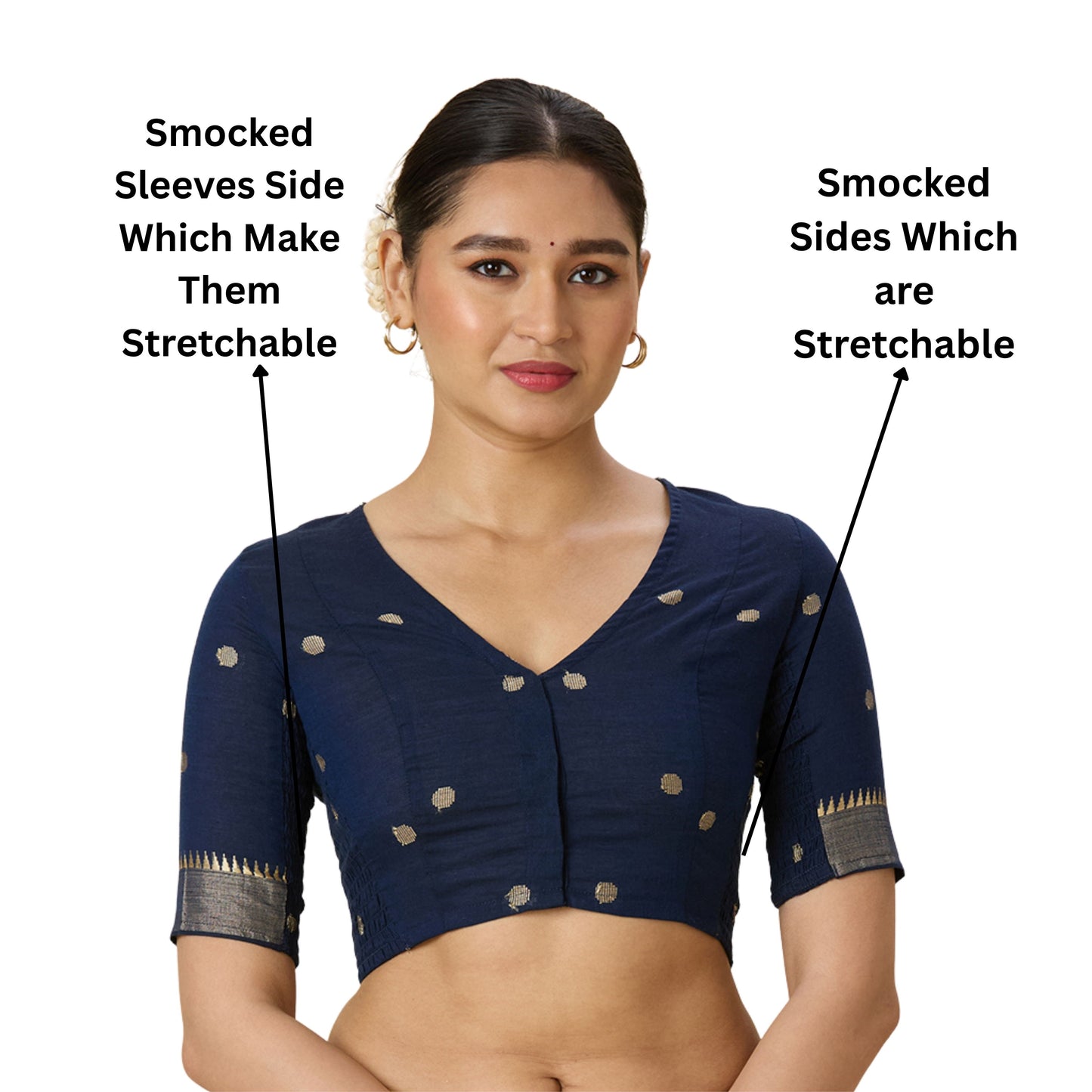 Women's Navy Blue Handloom Cotton Stretchable (Smocked) Readymade Saree Blouse (Design 2967)