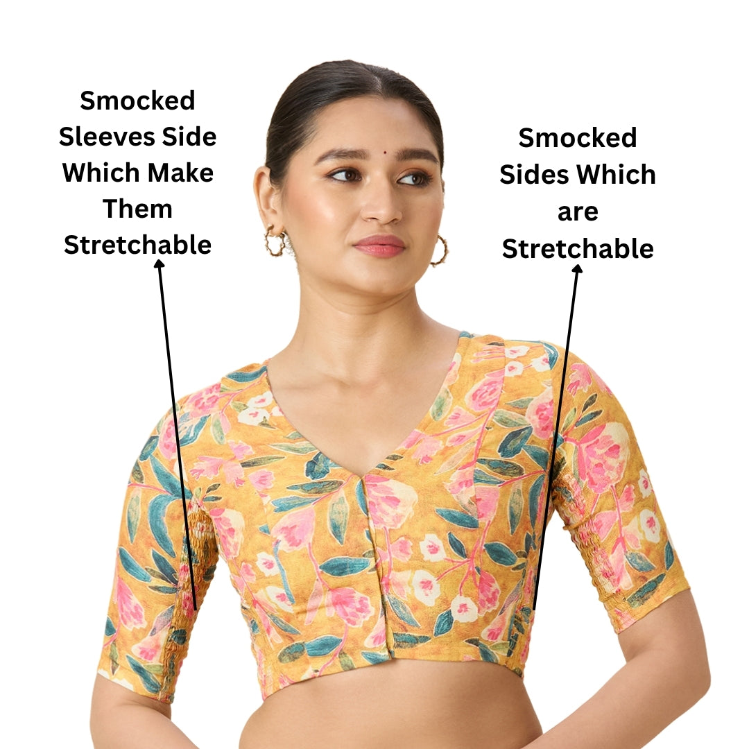 Women's Multicolor Cotton Floral Print Side Stretch (Smocked) Readymade Saree Blouse (Design 2968)