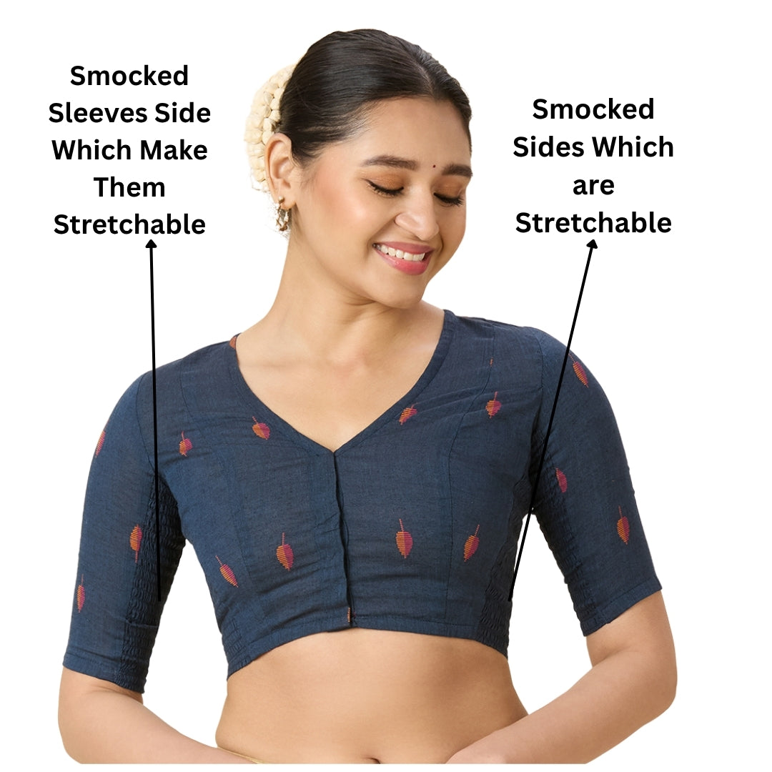 Women's Navy Blue Handloom Cotton Stretchable (Smocked) Readymade Saree Blouse (Design 2969)