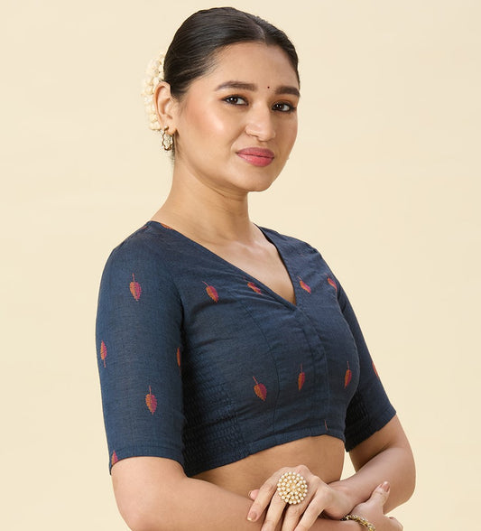 Women's Navy Blue Handloom Cotton Stretchable (Smocked) Readymade Saree Blouse (Design 2969)