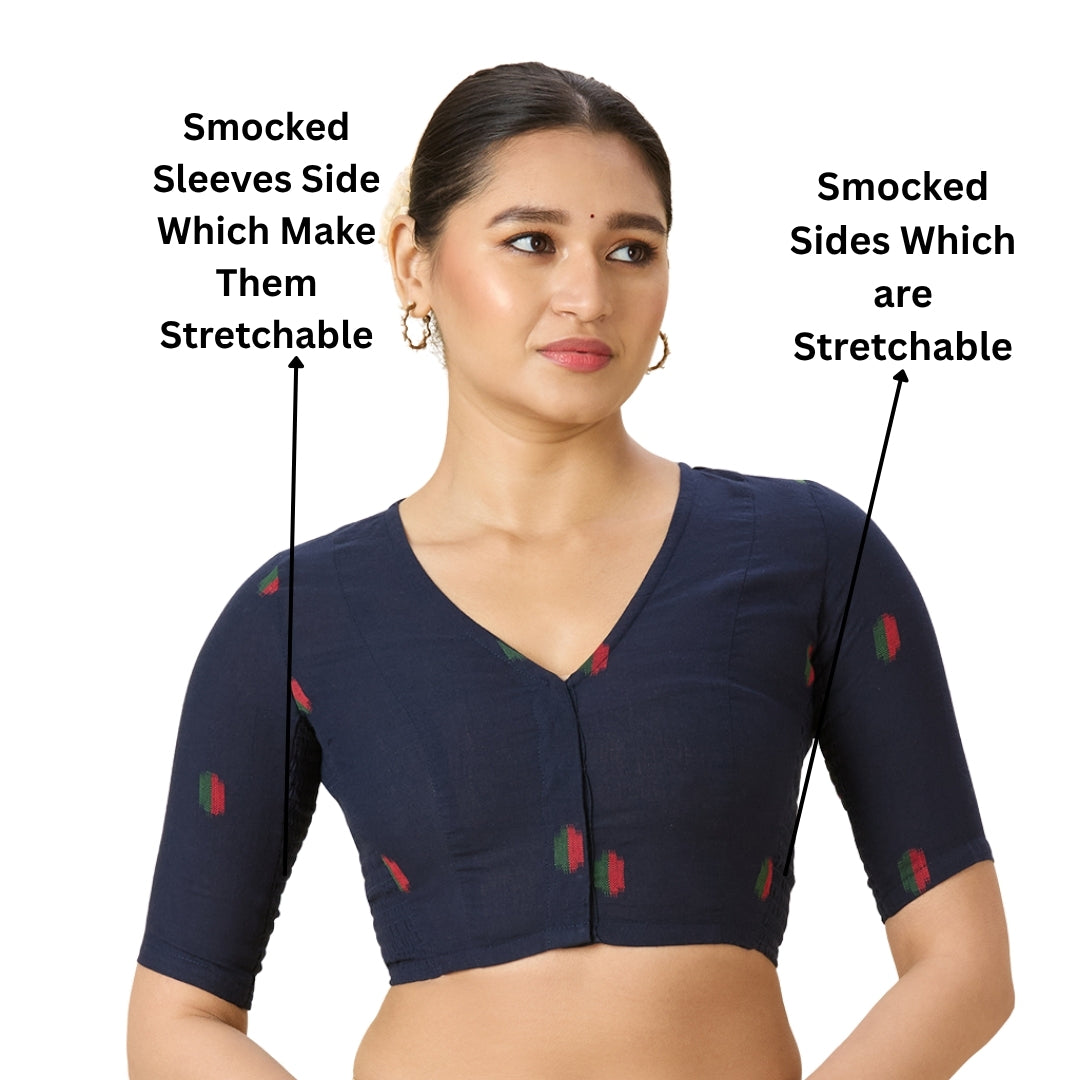 Women's Navy Blue Handloom Cotton Ikat Stretchable (Smocked) Readymade Saree Blouse (Design 2971)