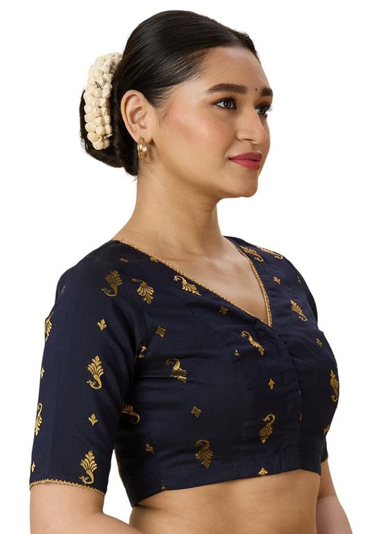 Women's Navy Blue Handloom Cotton Silk Readymade Saree Blouse (Design 2974)