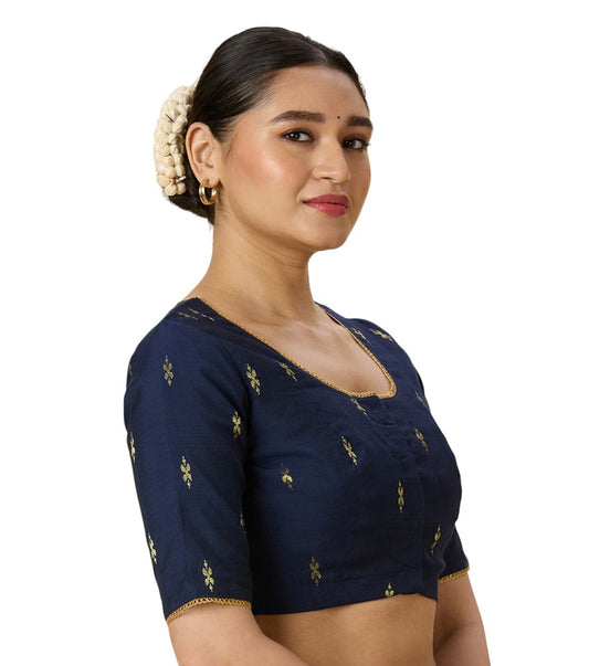 Women's Navy Blue Handloom Cotton Silk Readymade Saree Blouse (Design 2975)