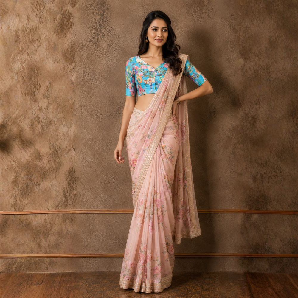 Studio Shringaar Women's Blue Cotton Fresh Floral Printed Side Stretch ( Smocked ) Readymade Saree Blouse (Design 2984)