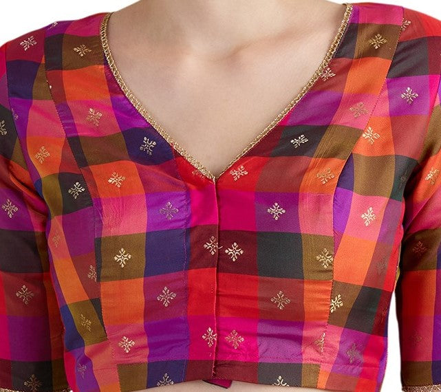 Studio Shringaar Multi-coloured Traditional Art Silk Checkered 'V' Neck Saree Blouse With Peacock Motifs (Design 2992) (Pink)