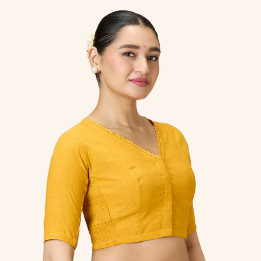 Studio Shringaar Women's Mustard Handloom Cotton Side Stretchable (Smocked) Readymade Saree Blouse With Crochet Neckline (Design 2997)