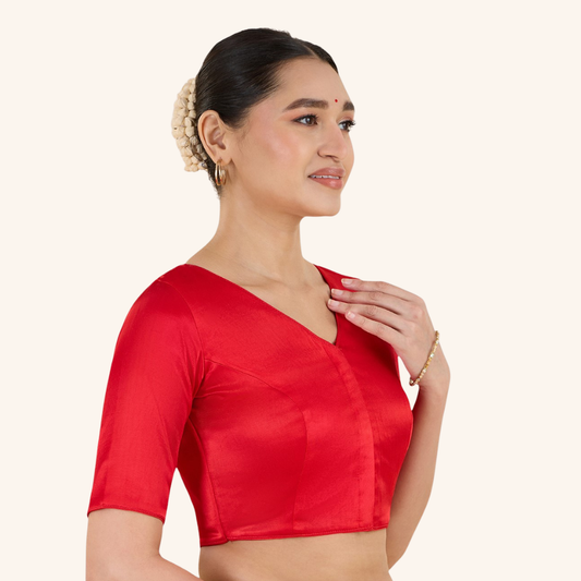 Studio Shringaar Women's Red Premium Soft Viscose Velvet Satin Readymade Saree Blouse In Rich Silky Colours (Design 3013)