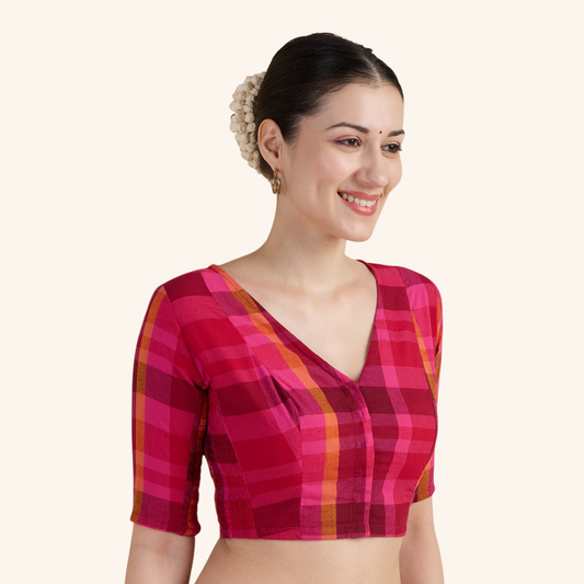 Studio Shringaar Women's Hot Pink Handloom Cotton Side Stretch ( Smocked ) Readymade Saree Blouse (Design 3019)