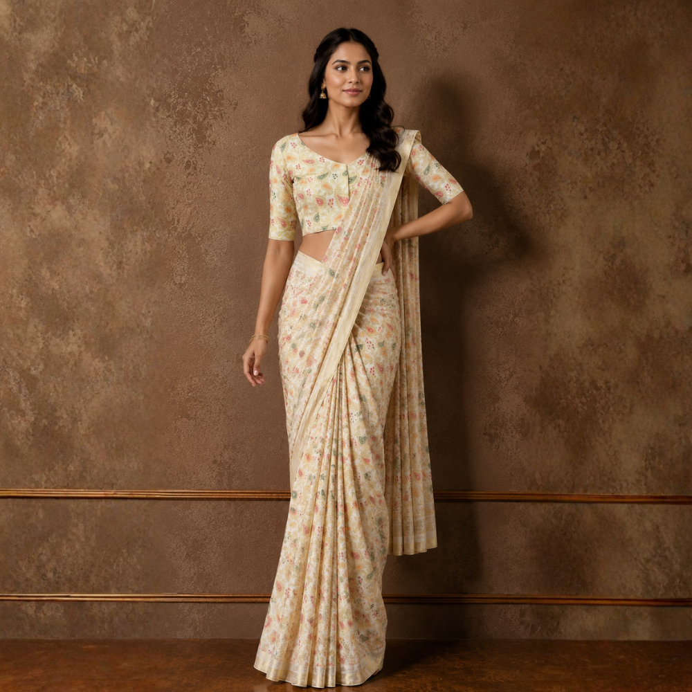 Studio Shringaar Women's Cream Paisley Brocade Readymade Saree Blouse (Design 3028)