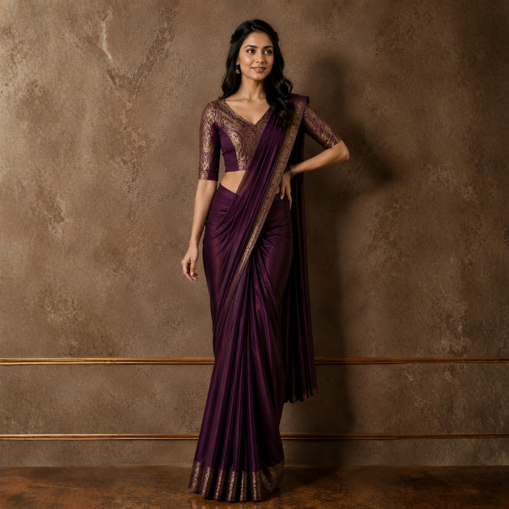 Studio Shringaar Women's Wine Brocade Side Stretch ( Smocked ) Readymade Saree Blouse (Design 3026)