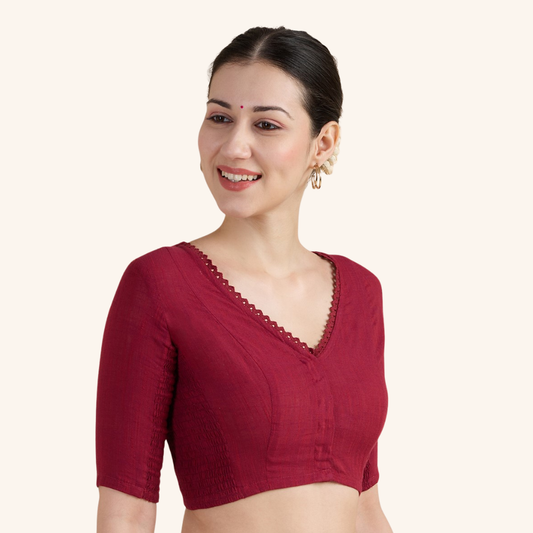 Studio Shringaar Women's Maroon Handloom Cotton Side Stretchable (Smocked) Readymade Saree Blouse With Crochet Neckline (Design 2997)