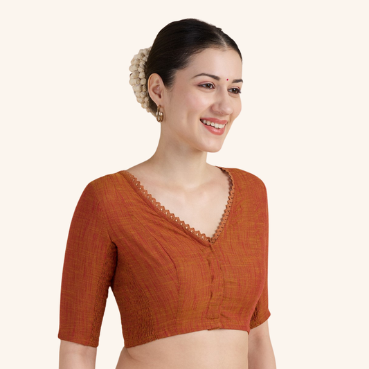 Studio Shringaar Women's Rust Handloom Cotton Side Stretchable (Smocked) Readymade Saree Blouse With Crochet Neckline (Design 2997)
