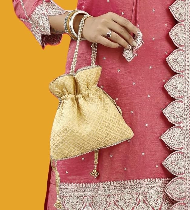 Studio Shringaar Women’s Golden Brocade Potli Purse Batwa in Gift Box | Perfect Gift for Mother, Wife & Sister