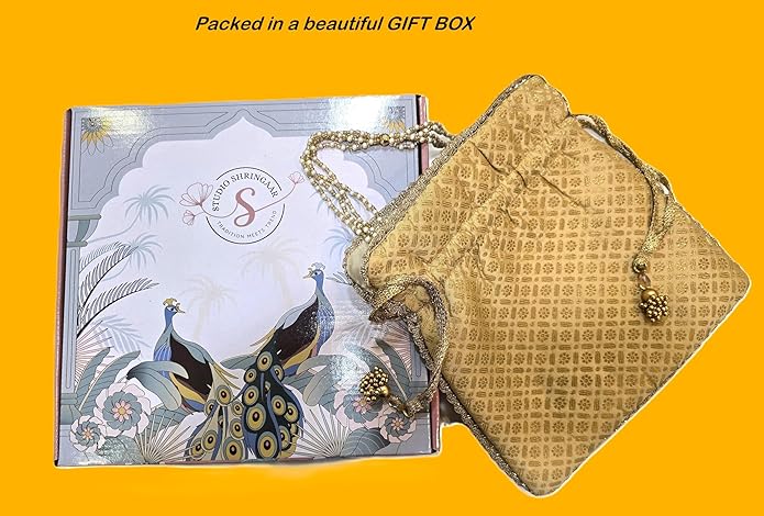 Studio Shringaar Women’s Golden Brocade Potli Purse Batwa in Gift Box | Perfect Gift for Mother, Wife & Sister