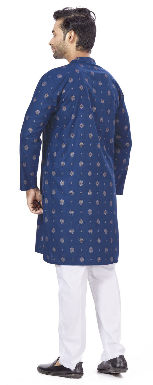 Men's Navy Blue Rayon Relaxed Fit Printed Knee Length Kurta (Design 104)