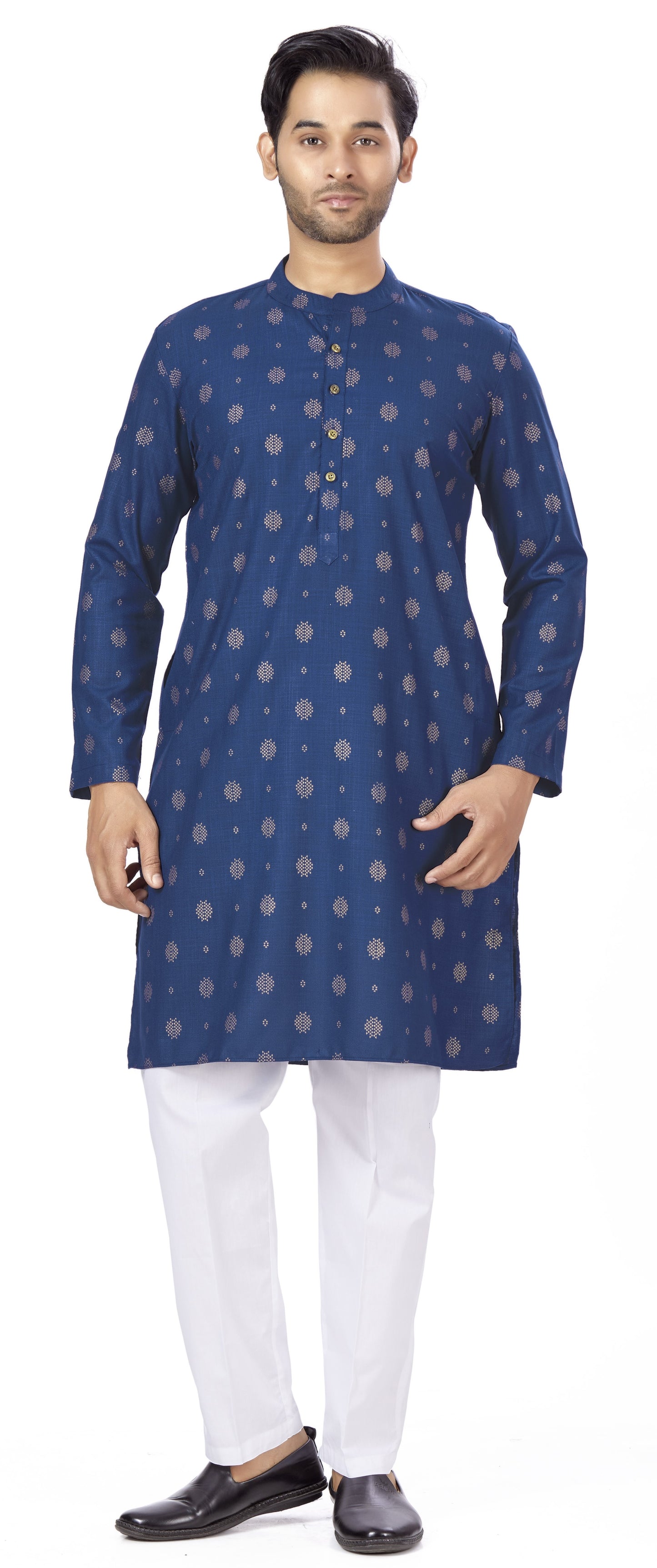Men's Navy Blue Rayon Relaxed Fit Printed Knee Length Kurta (Design 104)