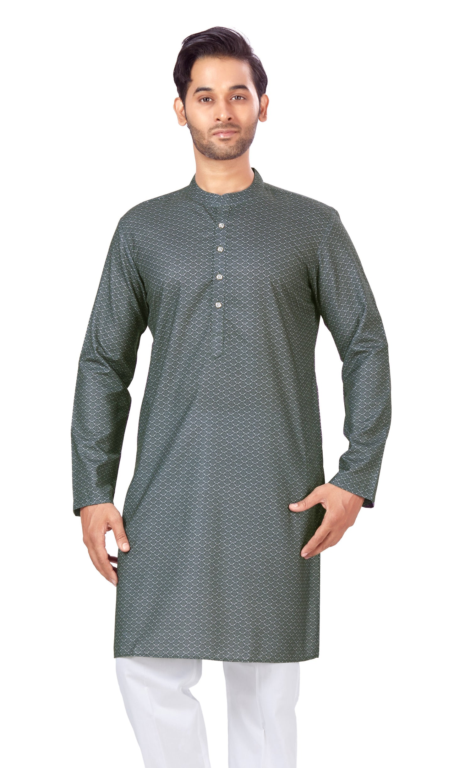 Men's Grey Cotton Blended Relaxed Fit Printed Knee Length Kurta (Design 107)