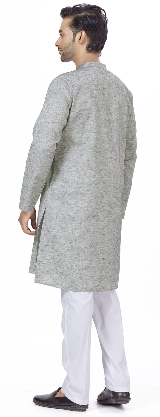 Men's Blue Linen Cotton Blended Relaxed Fit Knee Length Kurta (Design 109)