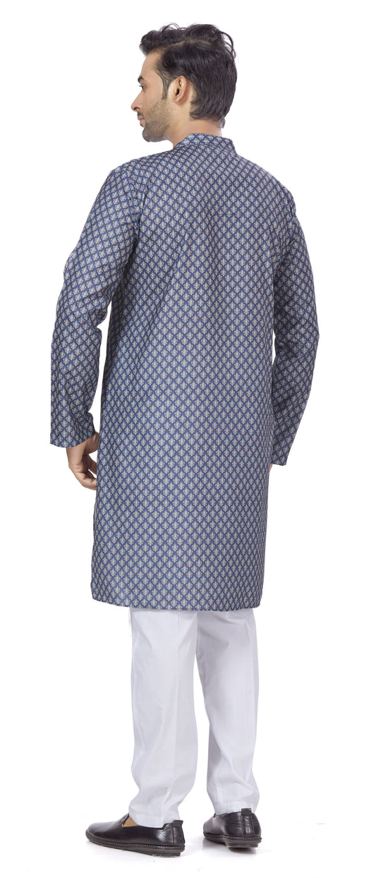Men's Navy Blue Cotton Blended Relaxed Fit Printed Knee Length Kurta (Design 111)