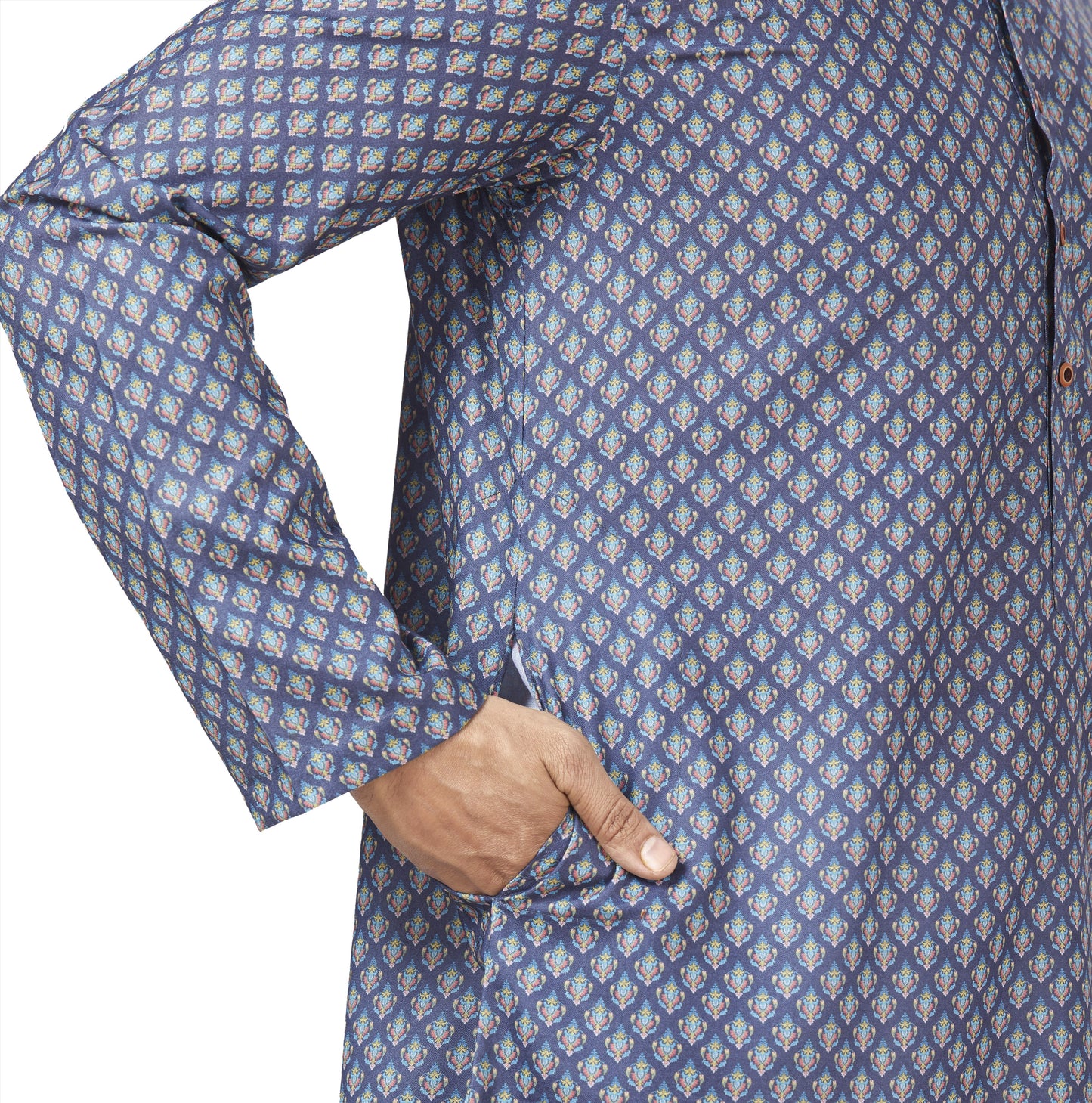 Men's Navy Blue Cotton Blended Relaxed Fit Printed Knee Length Kurta (Design 111)