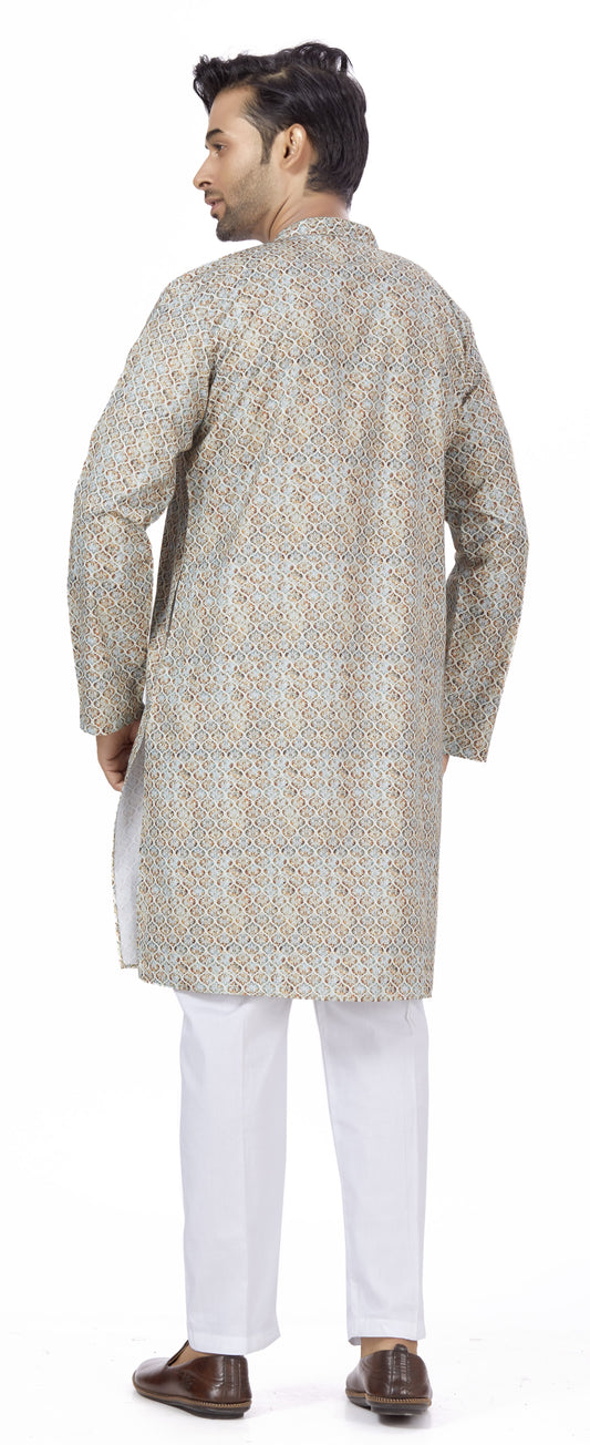 Men's Multicolour Cotton Blended Relaxed Fit Printed Knee Length Kurta (Design 113)