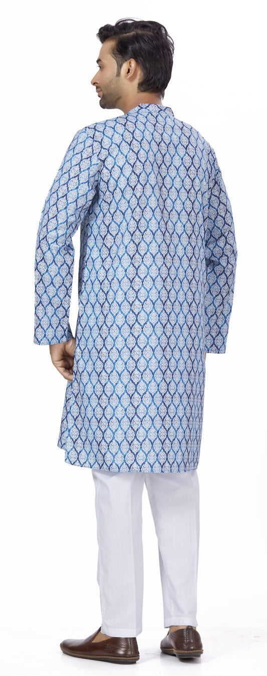 Men's Blue Cotton Blended Relaxed Fit Printed Knee Length Kurta (Design 117)