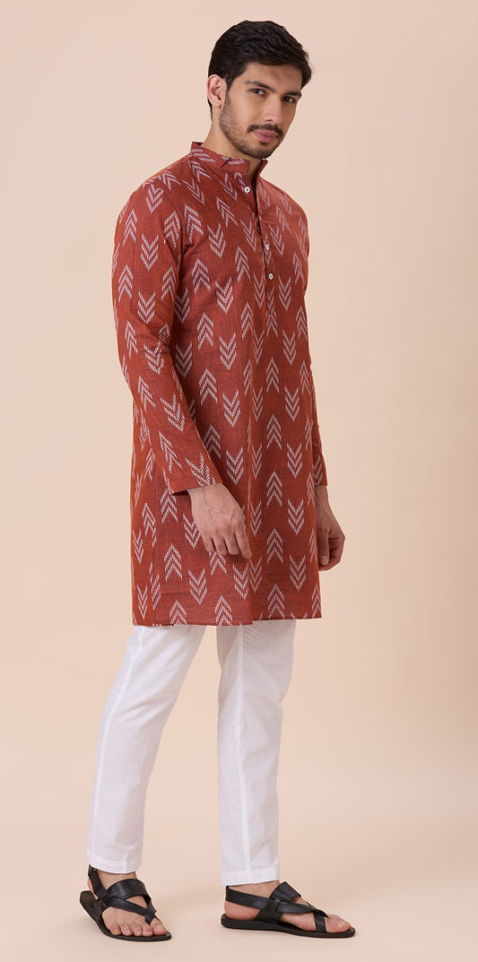Men's Brown Cotton Blend Relaxed Fit Ikat Printed Knee Length Kurta (Design 119)