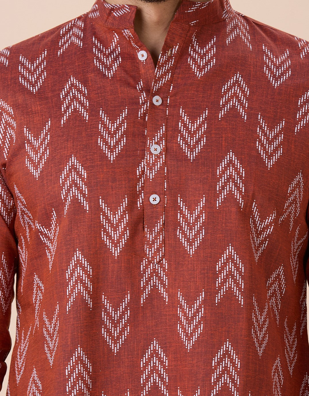 Men's Brown Cotton Blend Relaxed Fit Ikat Printed Knee Length Kurta (Design 119)